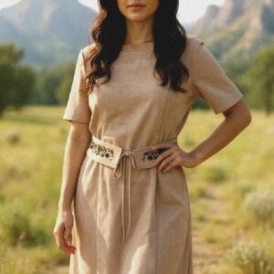 Tan suede vintage Jessica bohemian embroidery floral western dress belted